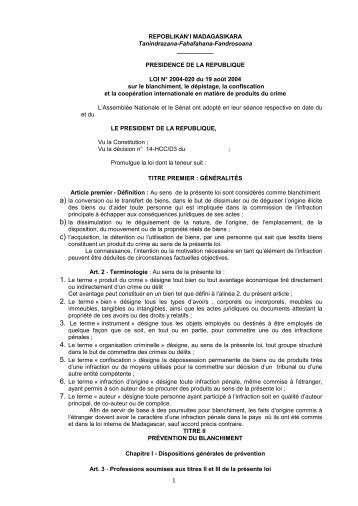 PRESIDENCE DE LA REPUBLIQUE LOI NÂ° 2004-020 du ... - Samifin