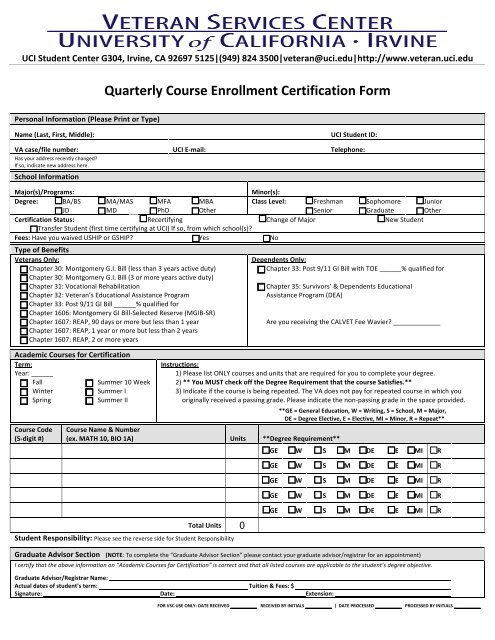 Quarterly Course Enrollment Certification Form - UCI Veteran Services