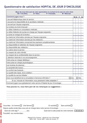 Questionnaire de satisfaction en HÃ´pital de Jour d'oncologie