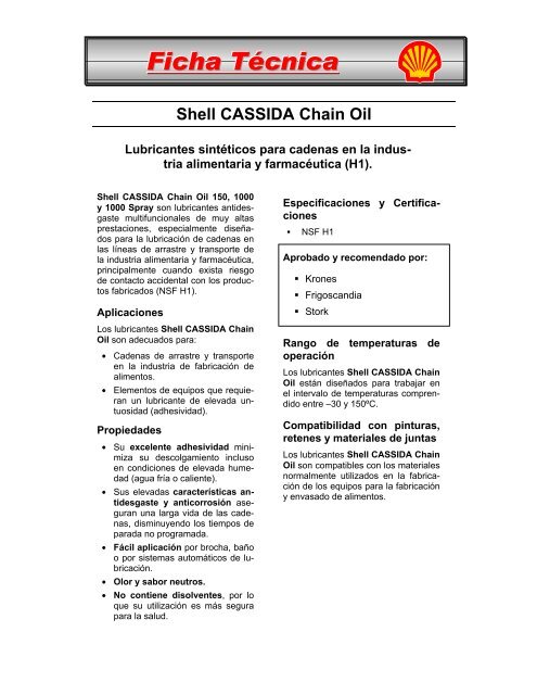 Ficha Técnica Shell CASSIDA Chain Oil - Lubritec