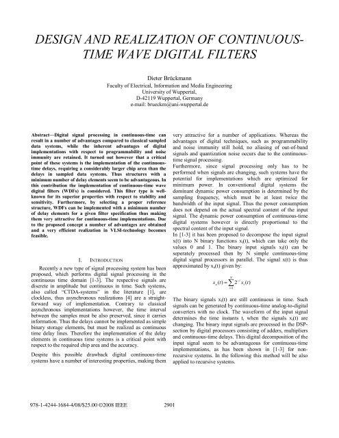 Design and Realization of Continuous-Time Wave Digital Filters