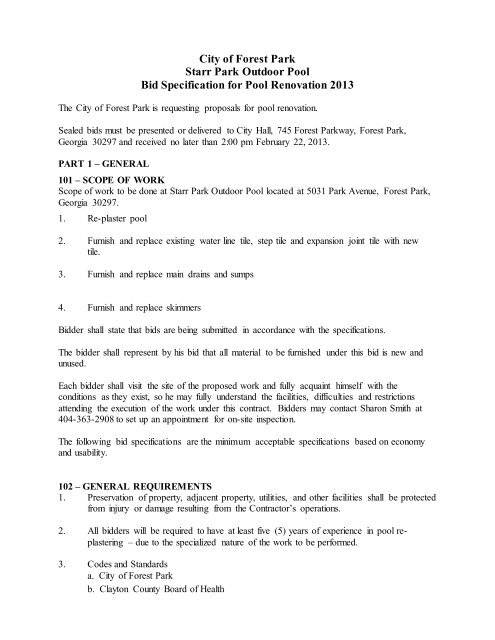 City of Forest Park Starr Park Outdoor Pool Bid Specification for Pool ...