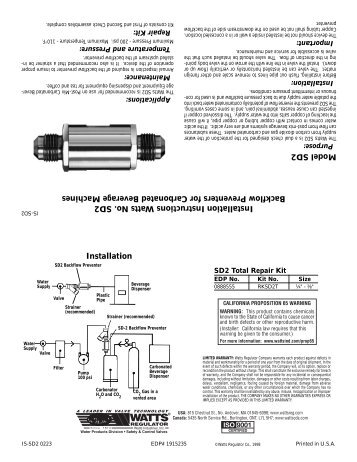 Model SD2 Installation Instructions Watts No. SD2 ... - Clean My Water