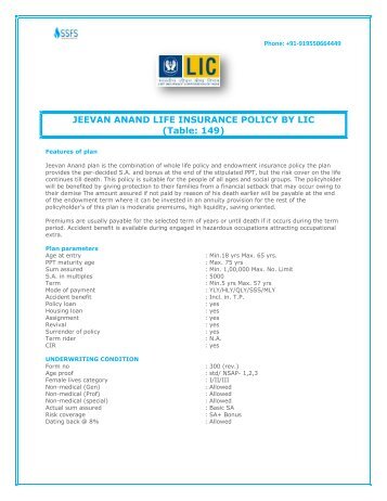 JEEVAN ANAND LIFE INSURANCE POLICY BY LIC (Table: 149)
