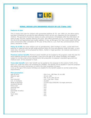 KOMAL JEEVAN LIFE INSURANCE POLICY BY LIC (Table: 159)