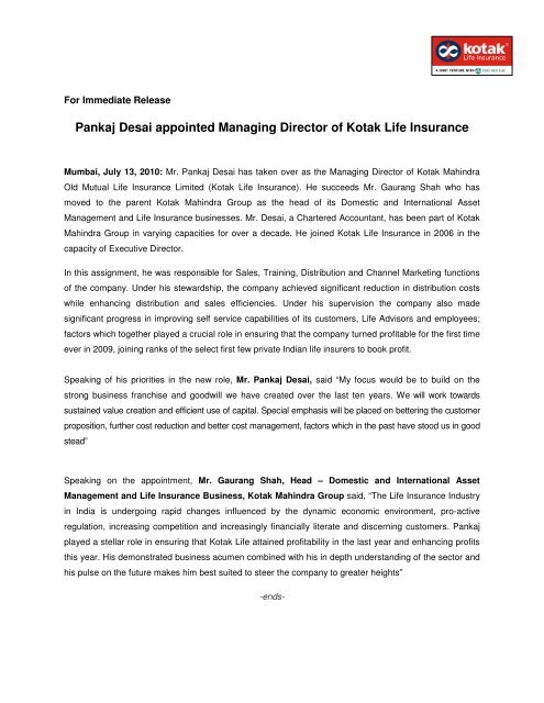 Pankaj Desai Appointed Managing Director Of Kotak Life Insurance