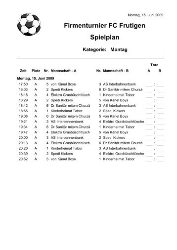 Firmenturnier FC Frutigen Spielplan Kategorie: Montag