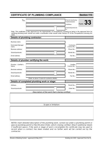 Form 33 Certificate of Plumbing Compliance