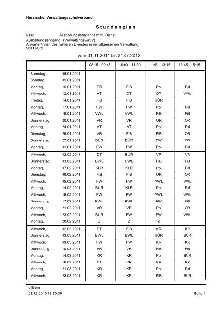 S t u n d e n p l a n vom 01.01.2011 bis 31.07.2012 - Hessischer ...