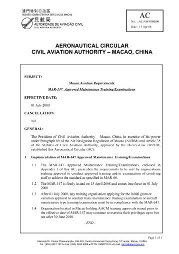 Macao Aviation Requirements MAR-147 Approved Maintenance ...