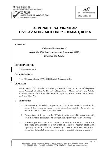 AC-AW-005-R01 -- Coding and Registration of Macao 406 MHz â¦
