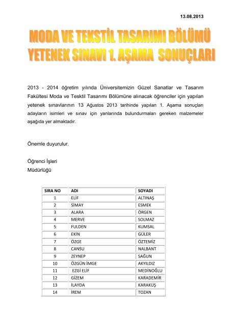 2013 - 2014 Ã¶Äretim yÄ±lÄ±nda Ãniversitemizin GÃ¼zel Sanatlar ve ...