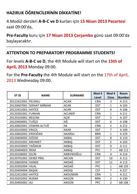 4.ModÃ¼l dersleri ABC ve D kurlarÄ± iÃ§in 15 Nisan 2013 Pazartesi saat ...