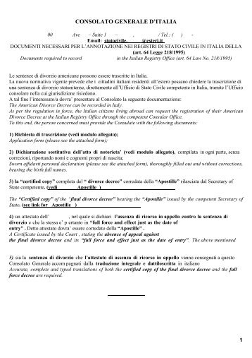 Trascrizione in Italia della Sentenza di Divorzio ottenuta in base alla ...