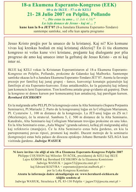 18-a Ekumena Esperanto-Kongreso (EEK) 21- 28 Julio 2007 ... - IKUE