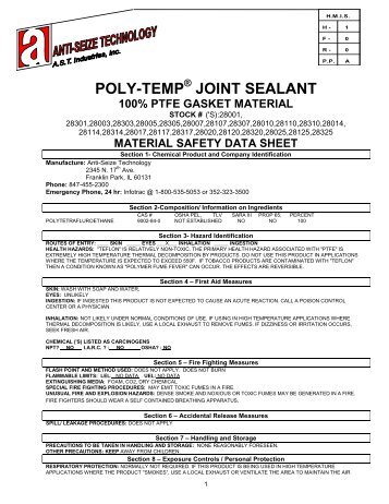 MSDS Sheet for POLY-TEMPÂ® Joint - PTFE-UHF Joint Sealant