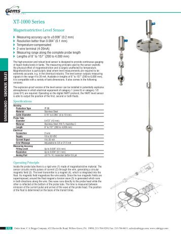 XT-1000 Series Magnetostrictive Liquid Level Sensor - CA Briggs