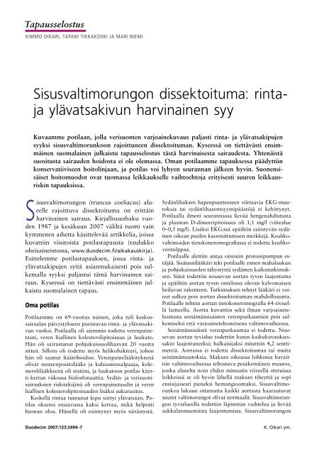 Sisusvaltimorungon dissektoituma: rinta- ja ... - Terveyskirjasto