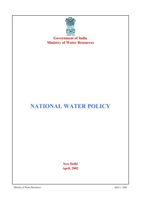 National Water Policy 2002 - Ministry of Water Resources