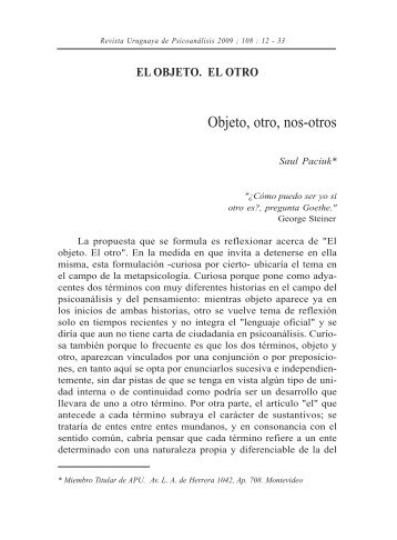 Objeto, otro, nos-otros - AsociaciÃ³n PsicoanalÃ­tica del Uruguay