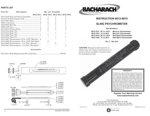 INSTRUCTION 0012-9015 SLING PSYCHROMETER