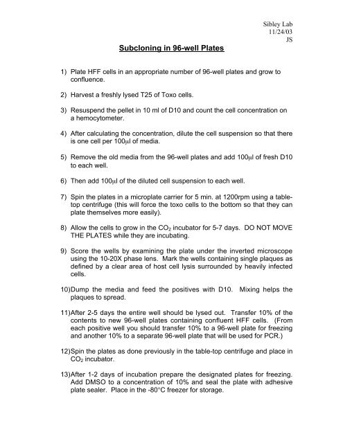 Subcloning in 96-well Plates - Sibley Lab