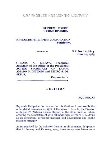 Reynolds Philippine Corporation vs. Eslava, [137 SCRA 259 (1985)]