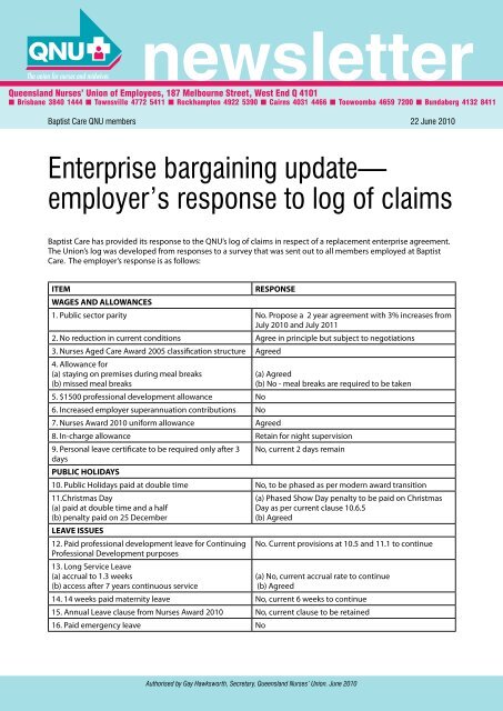 employer's response to log of claims - Queensland Nurses Union