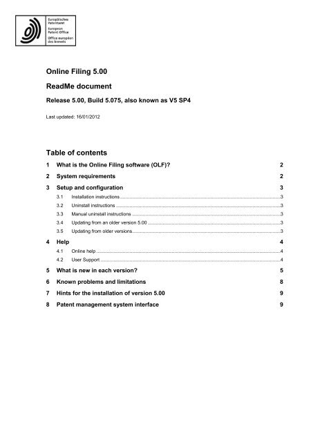 Online Filing 5.00 ReadMe document Table of contents - EPO