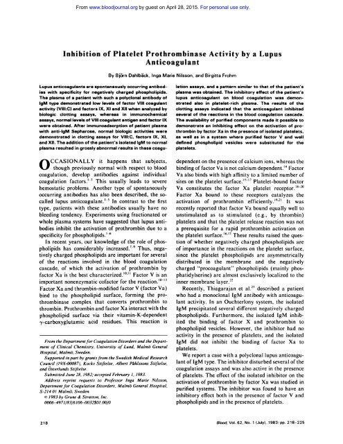 Inhibition of Platelet Prothrombinase Activity by a Lupus ... - Blood