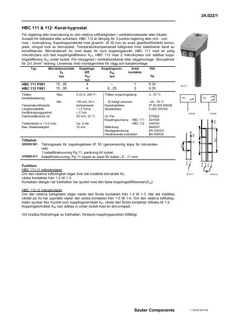 24.022/1 Sauter Components HBC 111 & 112: Kanal-hygrostat