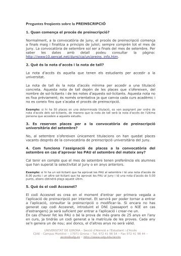 Preguntes freqüents sobre la PREINSCRIPCIÓ - Universitat de Girona