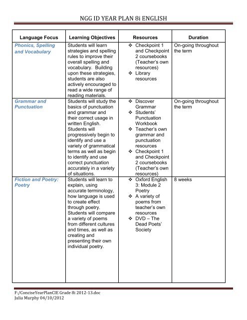 Grade 7 English - Term 1 (August â December)