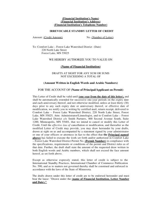 Letter Of Credit Form Comfort Lake Forest Lake Watershed District