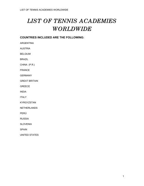 list of tennis academies worldwide - International Tennis Federation