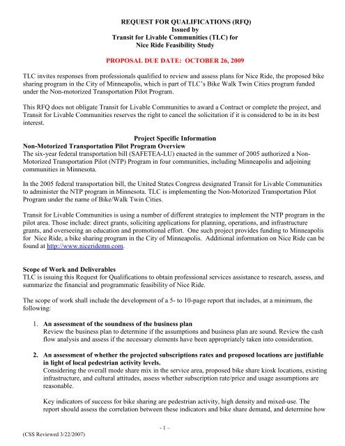 for Nice Ride Feasibility Study - Transit for Livable Communities