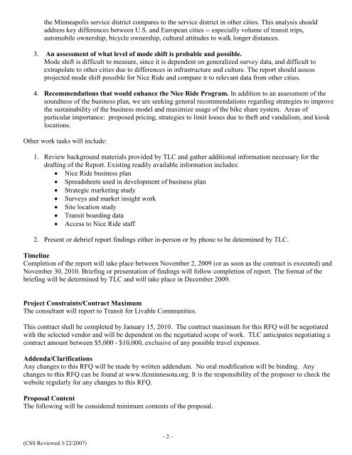 for Nice Ride Feasibility Study - Transit for Livable Communities