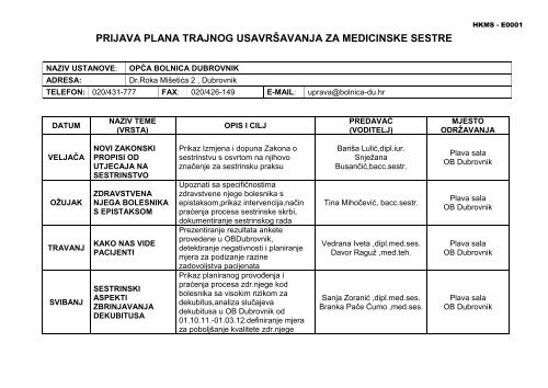 prijava plana trajnog usavrÅ¡avanja za medicinske sestre