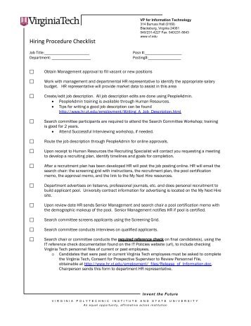 Hiring Procedures Checklist - Information Technology - Virginia Tech