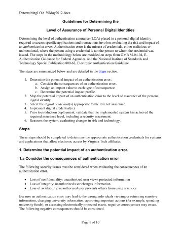 Guidelines For Determining The Level Of Assurance Of Personal