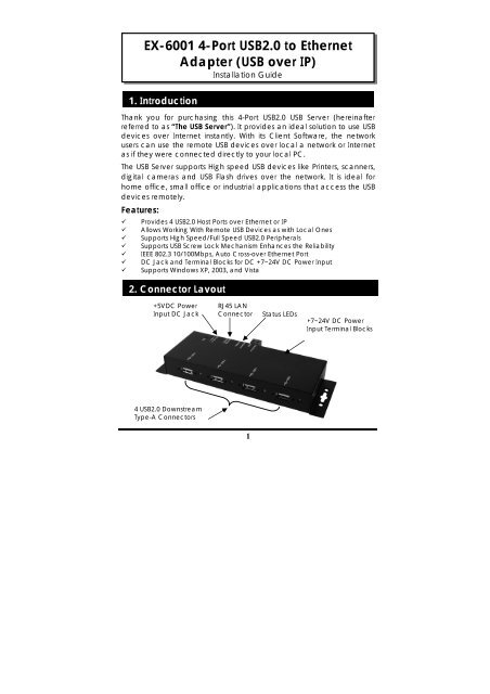 EX-6001 4-Port USB2.0 to Ethernet Adapter (USB over IP) - Exsys