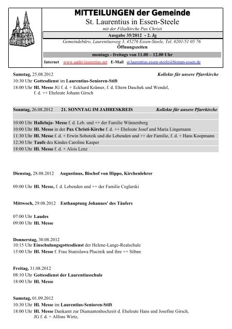 MITTEILUNGEN der Gemeinde St. Laurentius in Essen-Steele