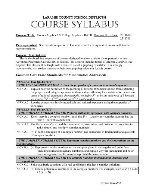 Honors Algebra 2 & College Algebra - Central High School