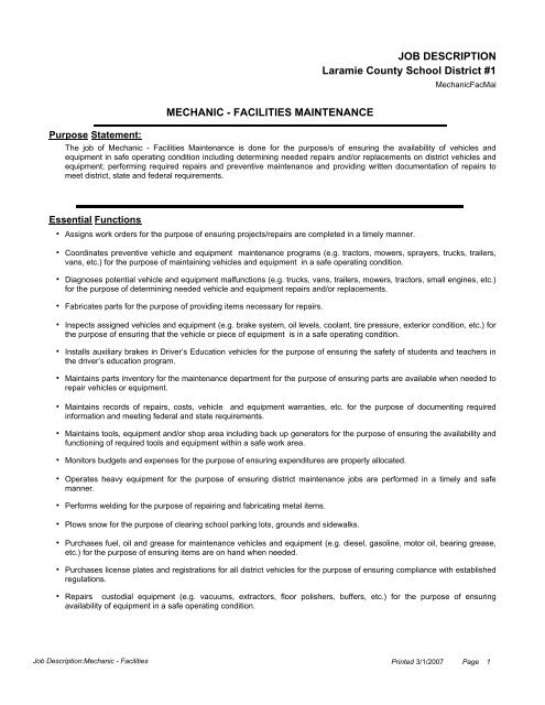 JOB DESCRIPTION MECHANIC - FACILITIES MAINTENANCE ...