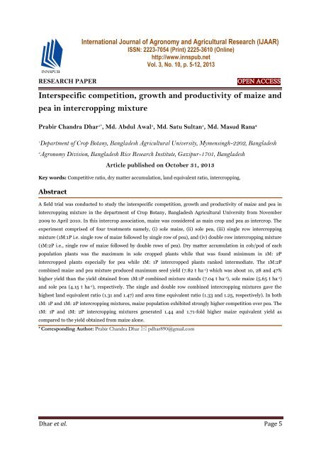 Interspecific competition, growth and productivity of maize and pea in intercropping mixture