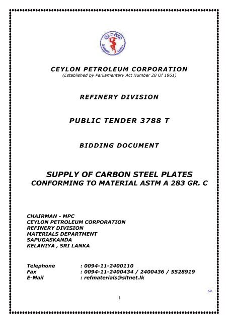 Supply Of Carbon Steel Plates Ceylon Petroleum Corporation