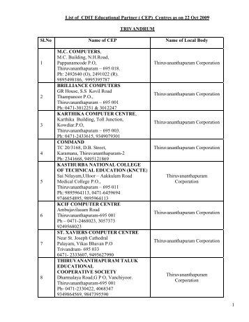 1 List of CDIT Educational Partner ( CEP) Centres as on 22 Oct 2009 ...