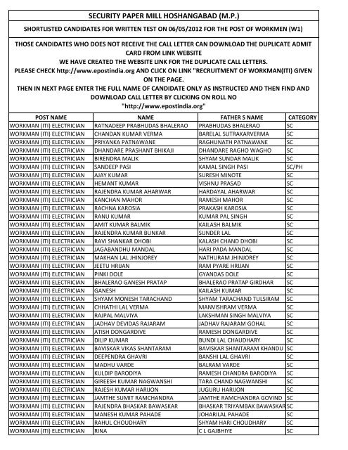 SECURITY PAPER MILL HOSHANGABAD (M.P.)