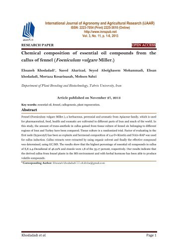 Chemical composition of essential oil compounds from the callus of fennel (Foeniculum vulgare Miller.)