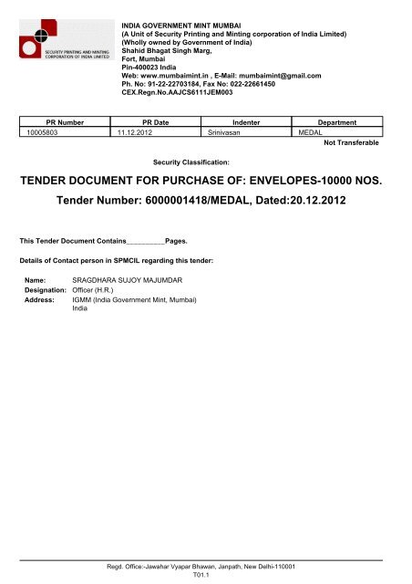 TENDER DOCUMENT FOR PURCHASE OF - The India ...
